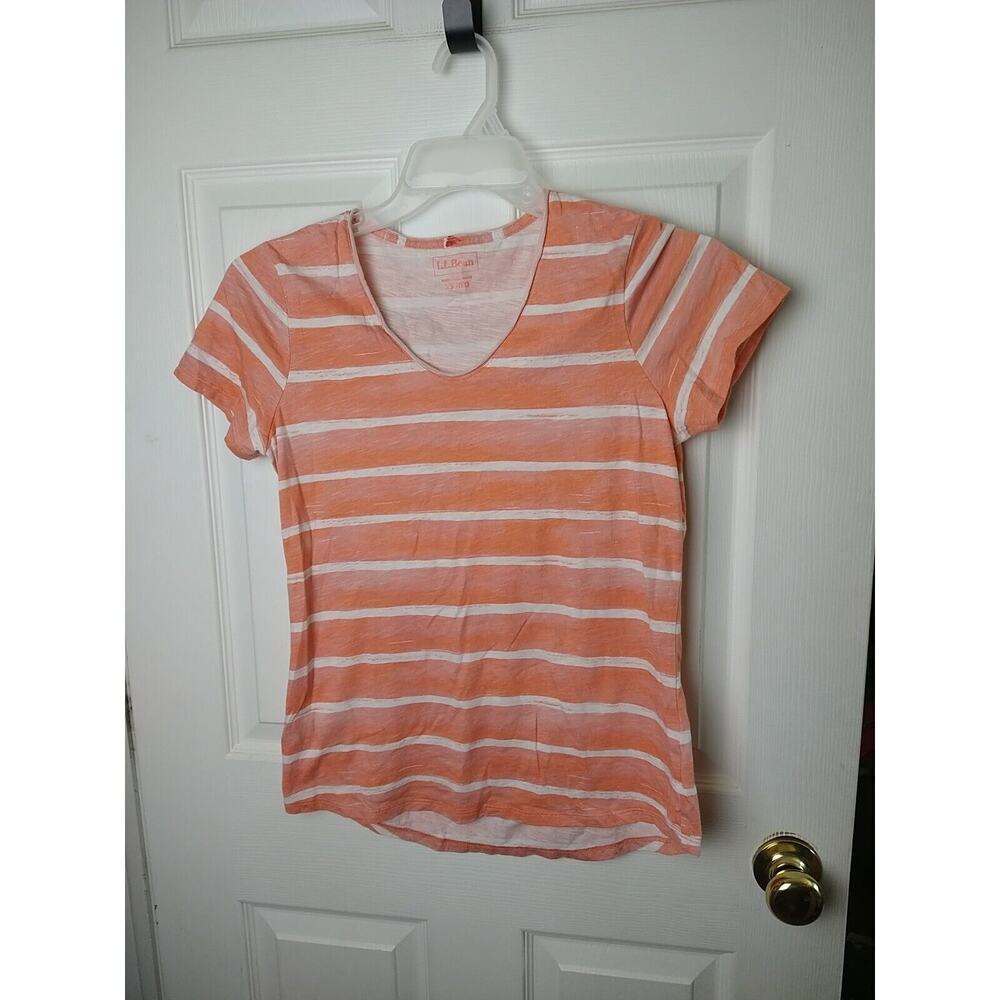 L.L. Bean Orange White Stripe V Neck Short Sleeve Tee. Size XS